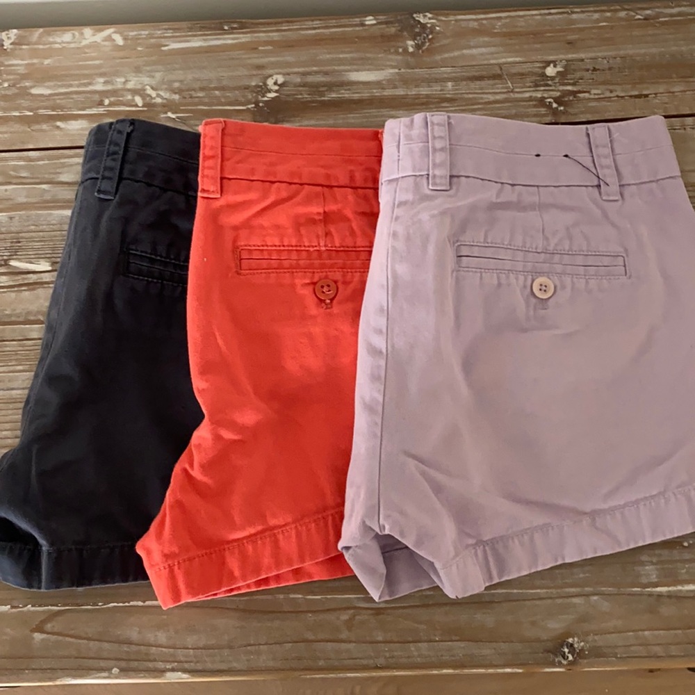 3 pair of J Crew chino shorts. Violet, coral and blue. Size 6